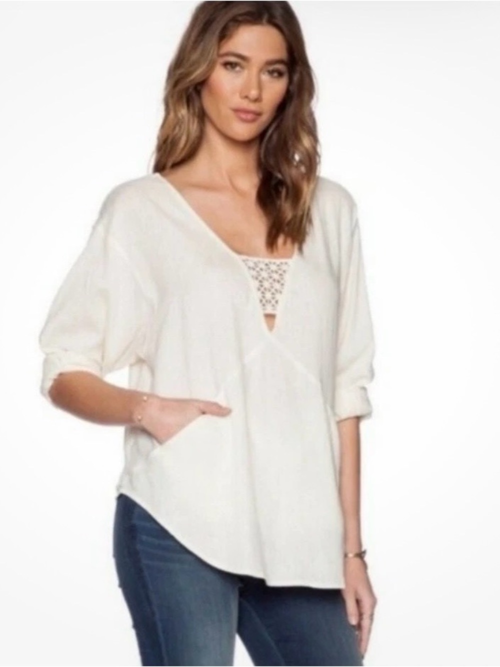 Free People Cream Cotton Boho Blouse with Crochet Neckline